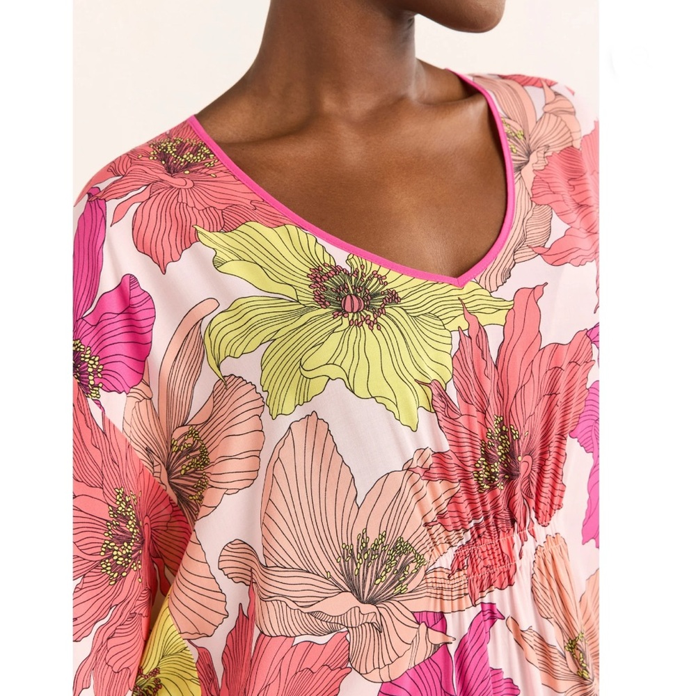 Joyspun Floral V-Neck Long Sleeve Nightgown Caftan- Pink Multi - Picture 6 of 8